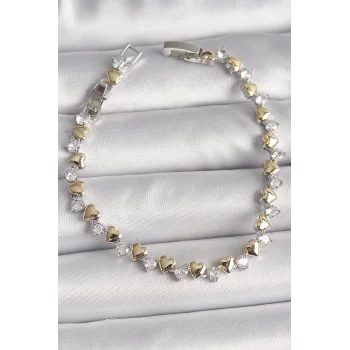 Pirinç Gümüş Renk Zirkon Taşlı Gold Kalpli VIP Seri Kadın Bileklik