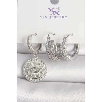 Pirinç Gümüş Renk Zirkon Taşlı Göz İşlemeli Halka Model 3Lü Kadın Kombin Küpe