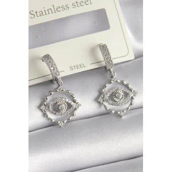 Pirinç Gümüş Renk Zirkon Taşlı Göz Model Kadın Küpe