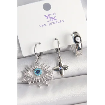 Pirinç Gümüş Renk Zirkon Taşlı Göz Model Nazar Boncuk Detay 3Lü Kadın Kombin Küpe