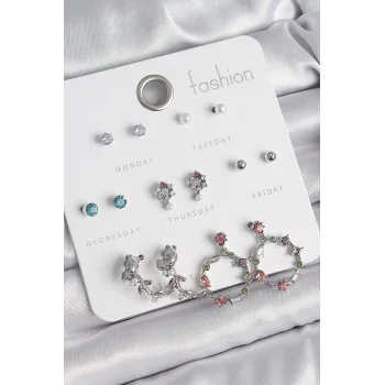 Pirinç Gümüş Renk Zirkon Taşlı Gül Figür Halka Model 7 Çift Kadın Küpe Seti