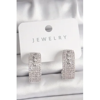 Pirinç Gümüş Renk Zirkon Taşlı Halka Messika Model Kadın Küpe