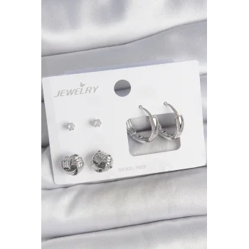 Pirinç Gümüş Renk Zirkon Taşlı Halka Model 3 Çift Kadın Küpe Seti