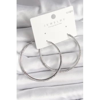 Pirinç Gümüş Renk Zirkon Taşlı Halka Model Kadın Küpe