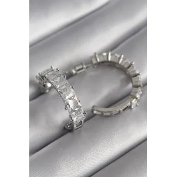 Pirinç Gümüş Renk Zirkon Taşlı Halka Model Kadın Küpe