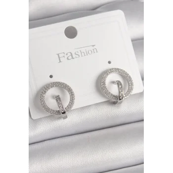 Pirinç Gümüş Renk Zirkon Taşlı Halka Model Kadın Küpe