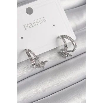 Pirinç Gümüş Renk Zirkon Taşlı Halka Model Sallantı Yıldız Detay Kadın Küpe