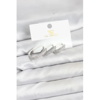Pirinç Gümüş Renk Zirkon Taşlı Halka Model YSX Trio Küpe Seti