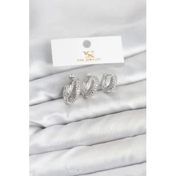 Pirinç Gümüş Renk Zirkon Taşlı Halka Model YSX Trio Küpe Seti