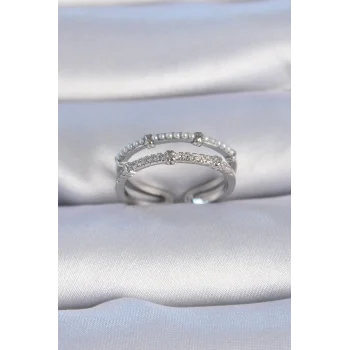 Pirinç Gümüş Renk Zirkon Taşlı İnci Detay Kadın Yüzük