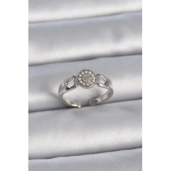 Pirinç Gümüş Renk Zirkon Taşlı İncili Kalp İşleme Detay Ayarlanabilir Model Kadın Yüzük