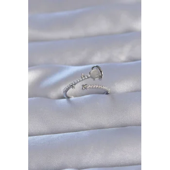 Pirinç Gümüş Renk Zirkon Taşlı İncili Satürn Model Ayarlanabilir Yüzük