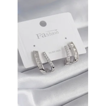 Pirinç Gümüş Renk Zirkon Taşlı Kadın Küpe