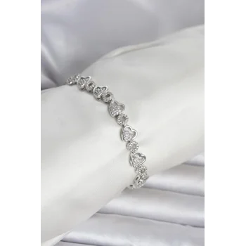 Pirinç Gümüş Renk Zirkon Taşlı Kalp Model Kadın Bileklik