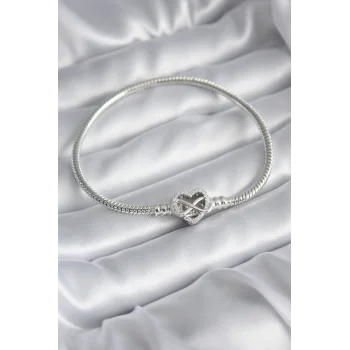 Pirinç Gümüş Renk Zirkon Taşlı Kalp Sonsuzluk Model Charm Kadın Bileklik