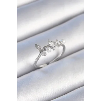 Pirinç Gümüş Renk Zirkon Taşlı Kalp Yaprak Model İnci Detay Kadın Yüzük