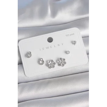 Pirinç Gümüş Renk Zirkon Taşlı Kar Tanesi Model 925 Ayar Gümüş Çivi Kadın Küpe Seti