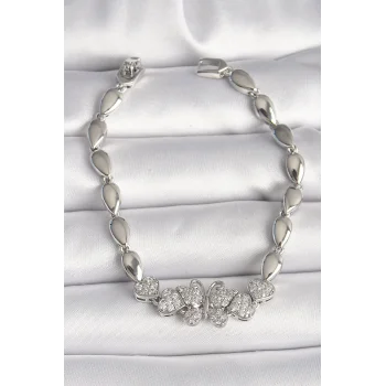 Pirinç Gümüş Renk Zirkon Taşlı Kelebek Figür Damla Zincir Model Kadın Bileklik