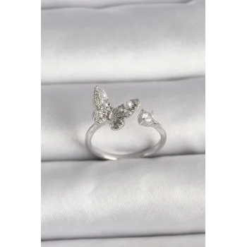 Pirinç Gümüş Renk Zirkon Taşlı Kelebek Model İnci Detay Ayarlanabilir Yüzük