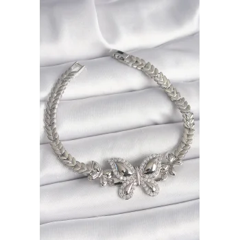 Pirinç Gümüş Renk Zirkon Taşlı Kelebek Model Kadın Bileklik