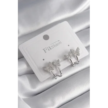 Pirinç Gümüş Renk Zirkon Taşlı Kelebek Model Kadın Küpe