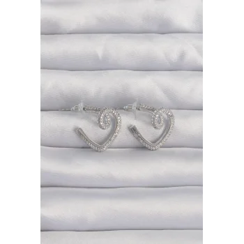 Pirinç Gümüş Renk Zirkon Taşlı Kıvrımlı Yarım Kalp Küpe