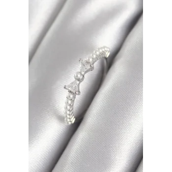 Pirinç Gümüş Renk Zirkon Taşlı Kurdele Model İnci Detay Kadın Yüzük
