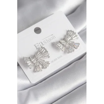 Pirinç Gümüş Renk Zirkon Taşlı Kurdele Model Kadın Küp