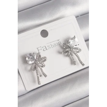 Pirinç Gümüş Renk Zirkon Taşlı Kurdele Model Kadın Küpe