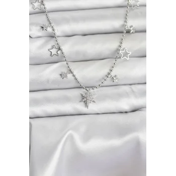 Pirinç Gümüş Renk Zirkon Taşlı Kutup Yıldızı Model Kadın Kolye