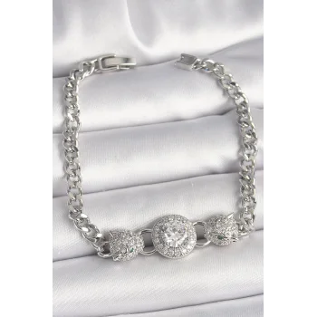 Pirinç Gümüş Renk Zirkon Taşlı Leopar Figür Zincir Model Kadın Bileklik