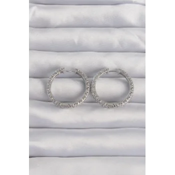 Pirinç Gümüş Renk Zirkon Taşlı Motifli Halka Küpe