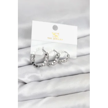 Pirinç Gümüş Renk Zirkon Taşlı Petek Halka Model YSX Trio Küpe Seti