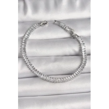 Pirinç Gümüş Renk Zirkon Taşlı Su Yolu Model Kadın Bileklik