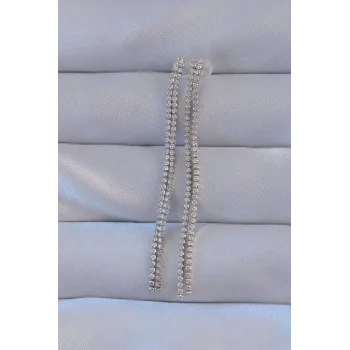 Pirinç Gümüş Renk Zirkon Taşlı Su Yolu Model Küpe