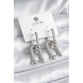 Pirinç Gümüş Renk Zirkon Taşlı Model VIP Seri Kadın Küpe