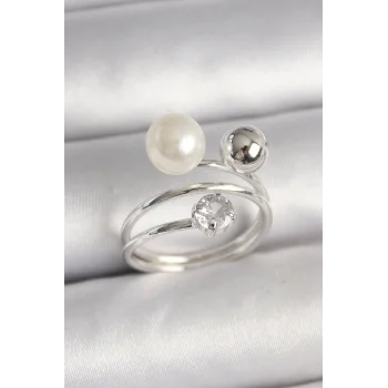 Pirinç Gümüş Renk Zirkon Taşlı Toplu İnci Model Kadın Yüzük