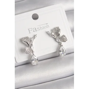 Pirinç Gümüş Renk Zirkon Taşlı Turna Kuşu Model Sallantı Detay Kadın Küpe