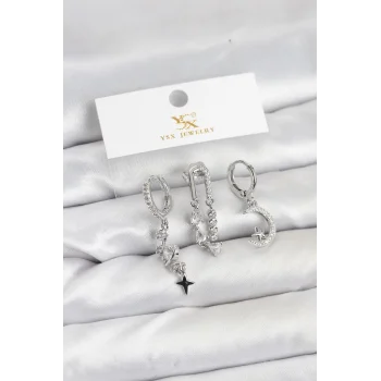 Pirinç Gümüş Renk Zirkon Taşlı Uzay Model YSX Trio Küpe Seti