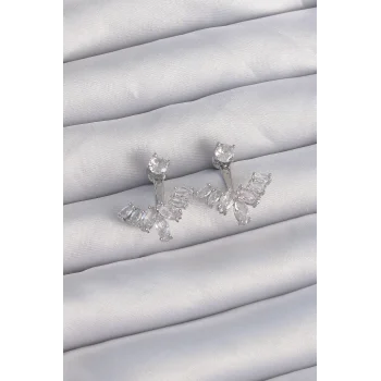 Pirinç Gümüş Renk Zirkon Taşlı V Model Küpe