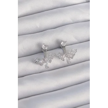 Pirinç Gümüş Renk Zirkon Taşlı V Model Küpe