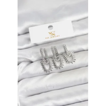 Pirinç Gümüş Renk Zirkon Taşlı Vintage Model YSX Trio Küpe Seti