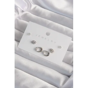 Pirinç Gümüş Renk Zirkon Taşlı Yaprak Model Küpe Seti