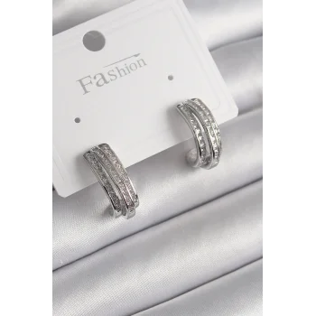 Pirinç Gümüş Renk Zirkon Taşlı Yarım Halka Model Kadın Küpe