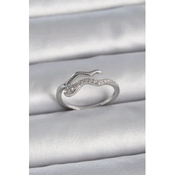 Pirinç Gümüş Renk Zirkon Taşlı Yılan Ayarlanabilir Model Kadın Yüzük