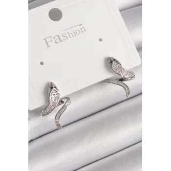Pirinç Gümüş Renk Zirkon Taşlı Yılan Model Kadın Küpe