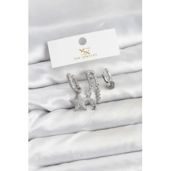 Pirinç Gümüş Renk Zirkon Taşlı Yıldız Vintage Model YSX Trio Küpe Seti