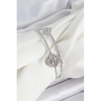 Pirinç Gümüş Renk Zirkon Taşlı Yonca Model 2li Kadın Bileklik