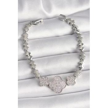 Pirinç Gümüş Renk Zirkon Taşlı Yonca Model Zincir Model Kadın Bileklik