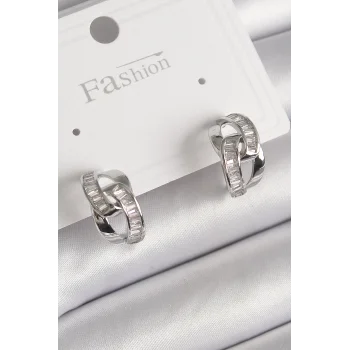 Pirinç Gümüş Renk Zirkon Taşlı Zincir Model Kadın Küpe